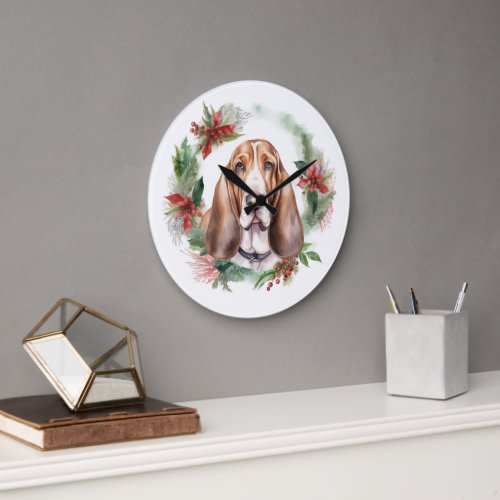 Basset Hound Christmas Wreath Festive Pup  Large Clock