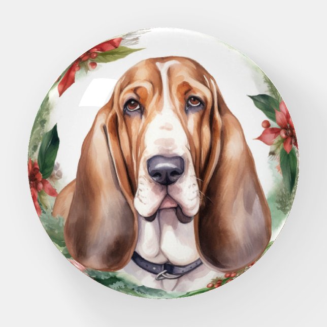 Basset Hound Christmas Wreath Festive Pup  Paperweight (Front)