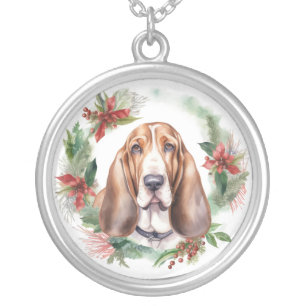 Basset Hound Christmas Wreath Festive Pup Silver Plated Necklace