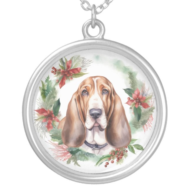 Basset Hound Christmas Wreath Festive Pup  Silver Plated Necklace (Front)