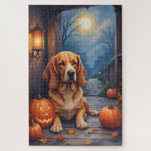 Basset Hound Cozy Porch Halloween Art Jigsaw Puzzle