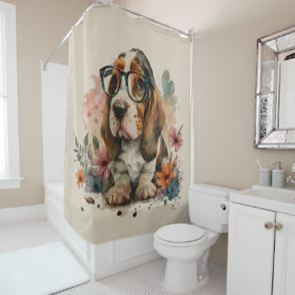 Basset Hound Cute Puppy In Glasses #1 Art Bathroom Shower Curtain