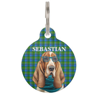 Basset Hound Dog and Blue Plaid Personalized Pet ID Tag