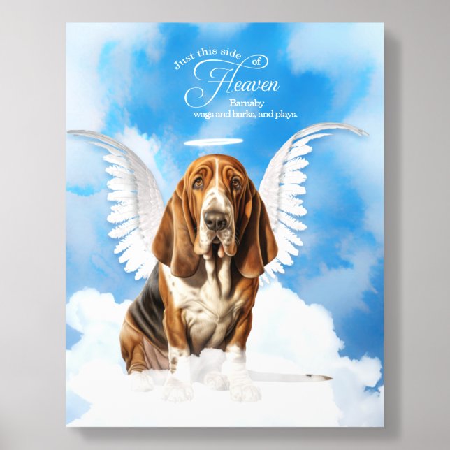 Basset Hound Dog Angel Wings Name Memorial Acrylic Photo Tile (Front Set)