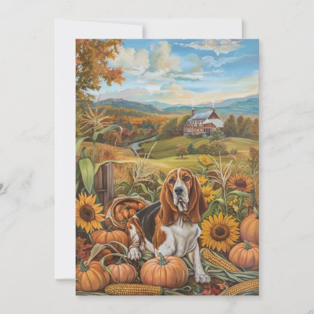 Basset Hound Dog Autumn Harvest Thanksgiving Holiday Card (Front)