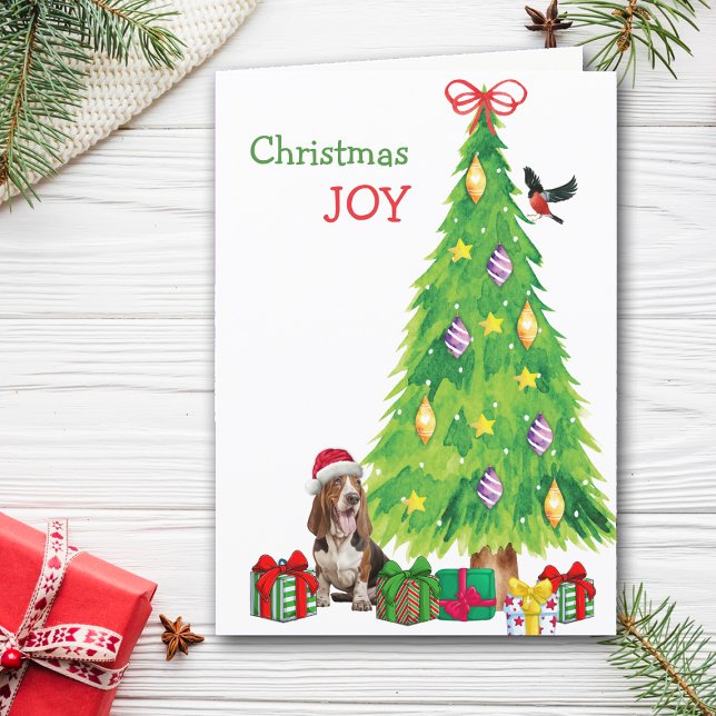 Basset Hound Dog, Bird and Christmas Tree Holiday Card (Creator Uploaded)