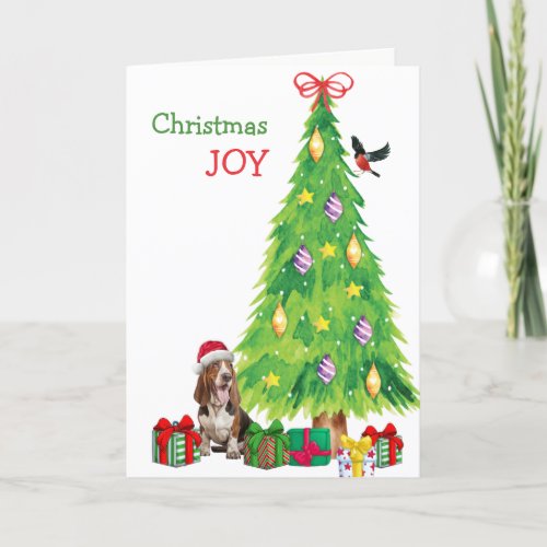 Basset Hound Dog Bird and Christmas Tree Holiday Card