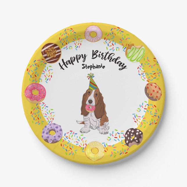 Basset Hound Dog Birthday Donuts Party Paper Plate (Front)