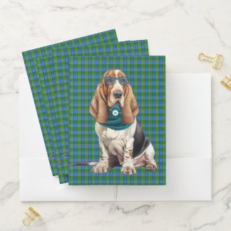 Basset Hound Dog Blue Gree Plaid Funny Monogrammed Pocket Folder