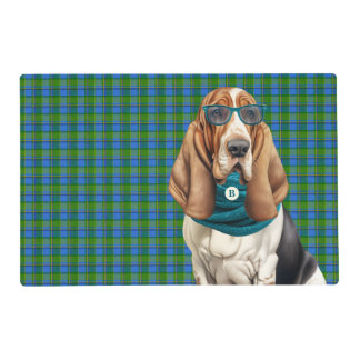 Basset Hound Dog Blue Green Plaid Monogram Placemat