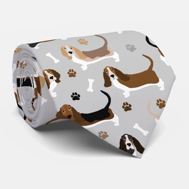 Basset Hound Dog Bones and Paws Neck Tie (Rolled)