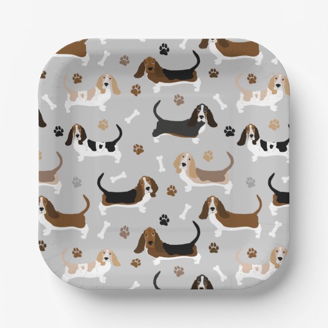 Basset Hound Dog Bones and Paws Paper Plates (Front)