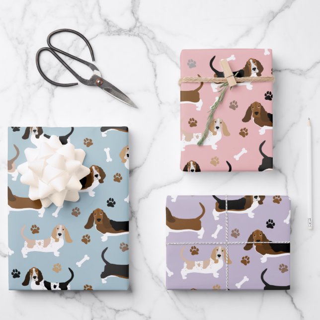 Basset Hound Dog Bones and Paws Wrapping Paper Sheets (Front)