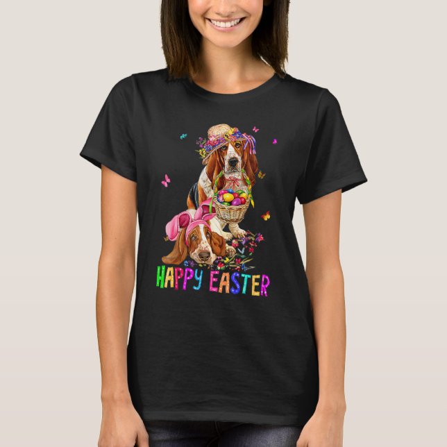 Basset Hound Dog Bunny Ears Costume Eggs Happy Eas T-Shirt (Front)