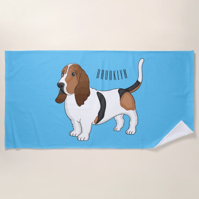 Basset hound dog cartoon illustration beach towel (Front)