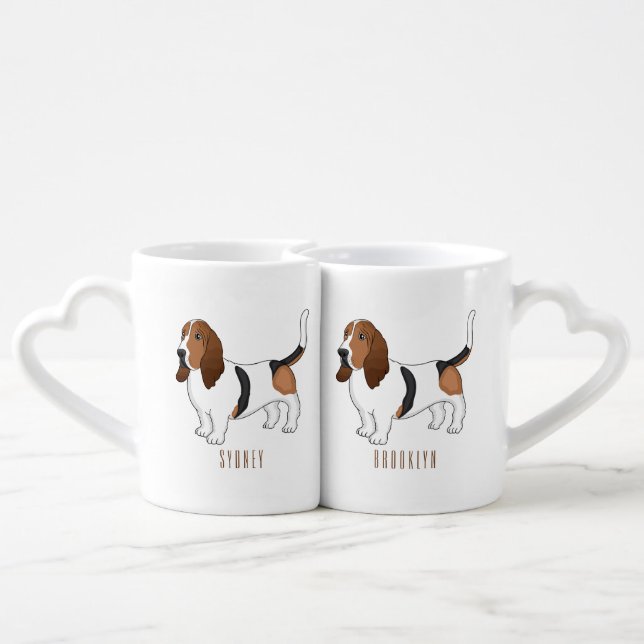 Basset hound dog cartoon illustration coffee mug set (Back Nesting)