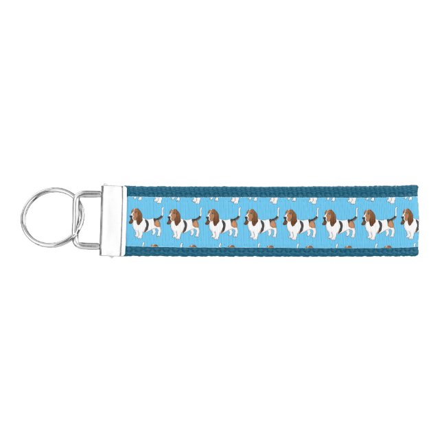 Basset hound dog cartoon illustration wrist keychain (Keys on Left)