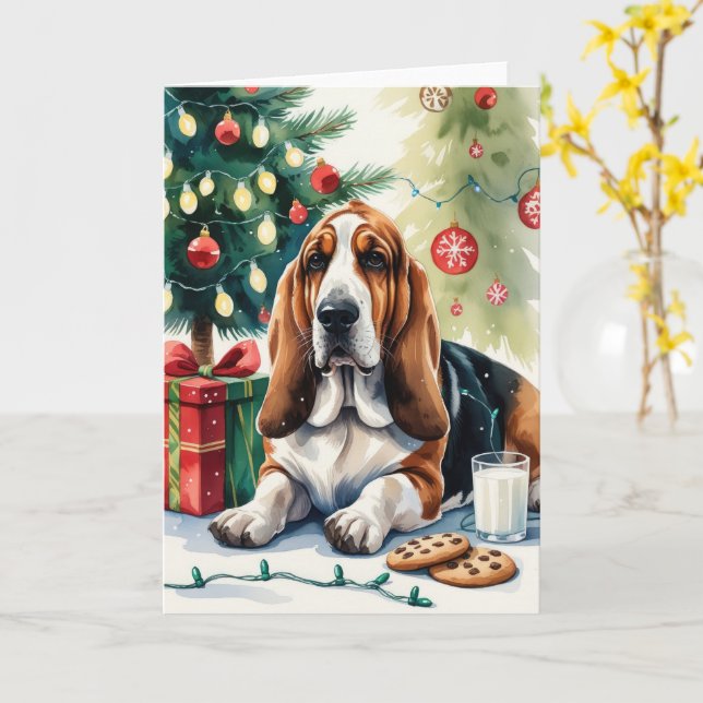 Basset Hound Dog Christmas Greeting Card (Yellow Flower)