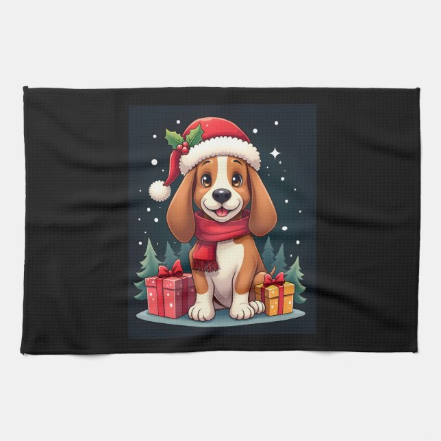 Basset Hound Dog Christmas Outfits Santa Hat Dog X Kitchen Towel (Horizontal)