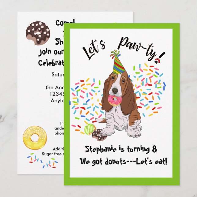 Basset Hound Dog Donut Birthday Party Invite (Front/Back)