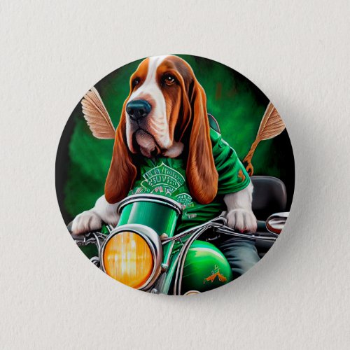  Basset Hound Dog driving bike St Patricks Day  Button