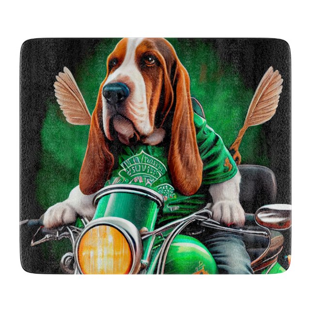  Basset Hound Dog driving bike St. Patrick's Day Cutting Board (Front)