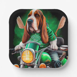  Basset Hound Dog driving bike St. Patrick's Day Paper Plates