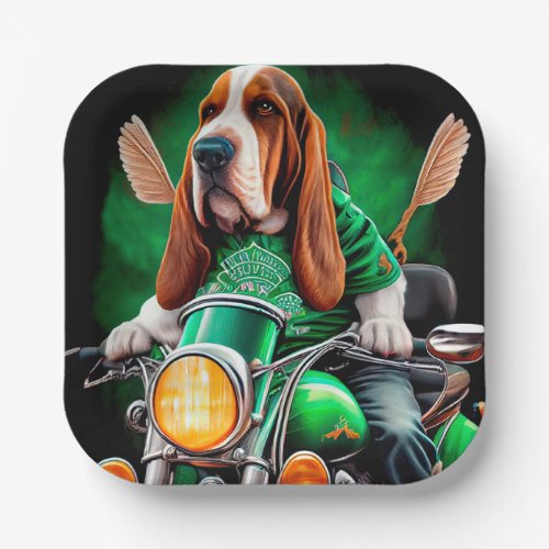  Basset Hound Dog driving bike St Patricks Day Paper Plates