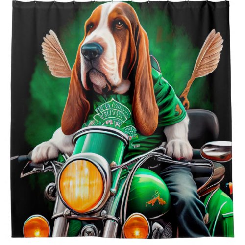  Basset Hound Dog driving bike St Patricks Day  Shower Curtain