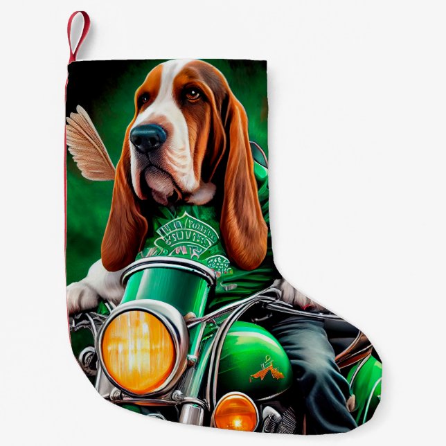  Basset Hound Dog driving bike St. Patrick's Day Small Christmas Stocking (Front)