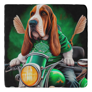 Basset Hound Dog driving bike St. Patrick's Day Trivet