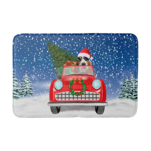Basset Hound Dog Driving Car In Snow Christmas Bath Mat
