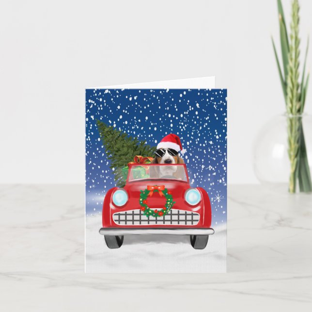 Basset Hound Dog Driving Car In Snow Christmas   Card (Front)