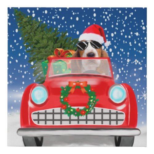 Basset Hound Dog Driving Car In Snow Christmas  Faux Canvas Print