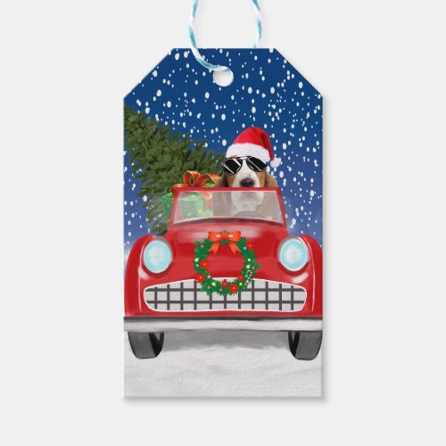 Basset Hound Dog Driving Car In Snow Christmas  Gift Tags