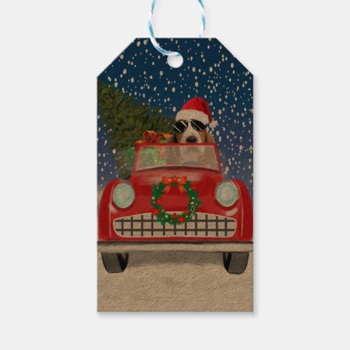 Basset Hound Dog Driving Car In Snow Christmas  Gift Tags