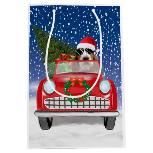 Basset Hound Dog Driving Car In Snow Christmas  Medium Gift Bag