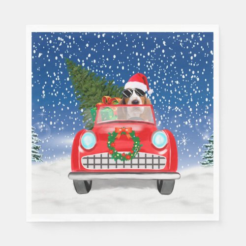 Basset Hound Dog Driving Car In Snow Christmas  Napkins