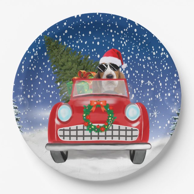 Basset Hound Dog Driving Car In Snow Christmas  Paper Plates (Front)