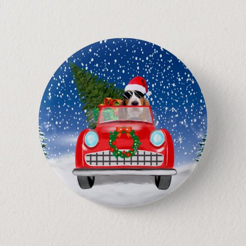 Basset Hound Dog Driving Car In Snow Christmas Thr Button