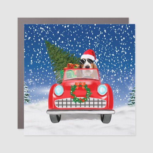 Basset Hound Dog Driving Car In Snow Christmas Thr Car Magnet
