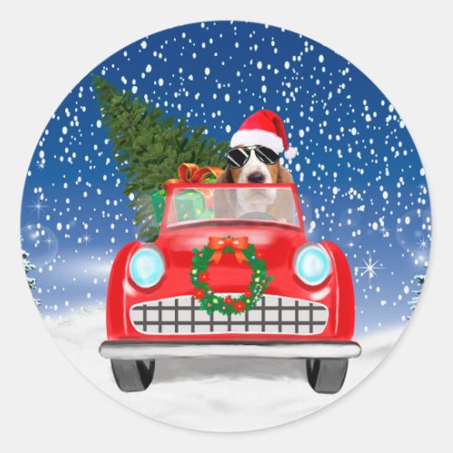 Basset Hound Dog Driving Car In Snow Christmas Thr Classic Round Sticker