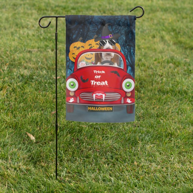 Basset Hound Dog Driving Car Scary Halloween  Garden Flag (In SItu)
