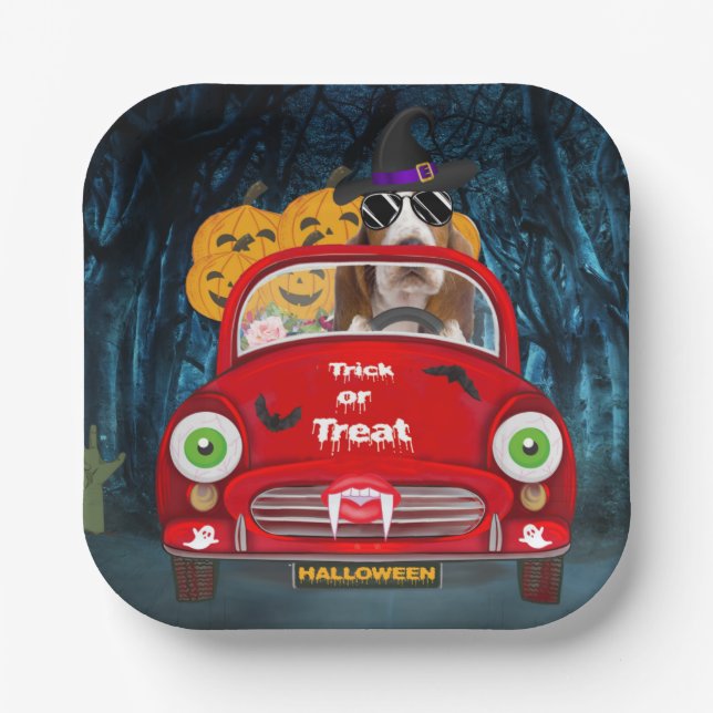 Basset Hound Dog Driving Car Scary Halloween  Paper Plates (Front)