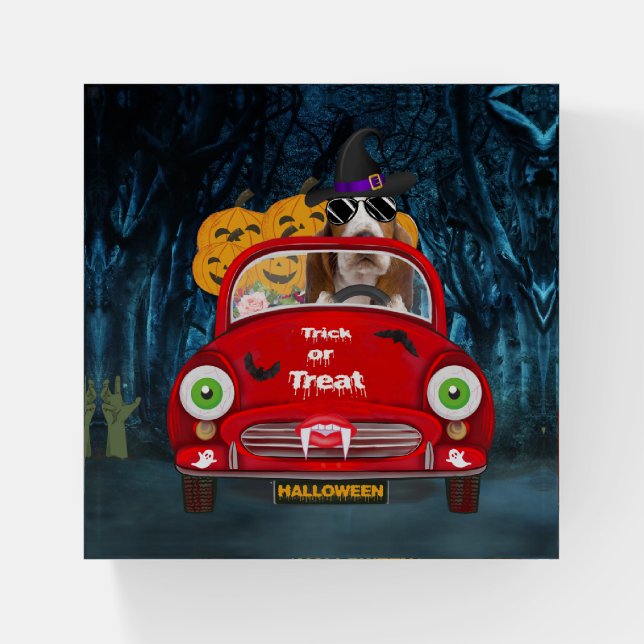 Basset Hound Dog Driving Car Scary Halloween Paperweight (Front)
