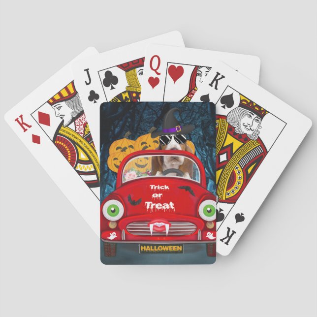 Basset Hound Dog Driving Car Scary Halloween Poker Cards (Back)