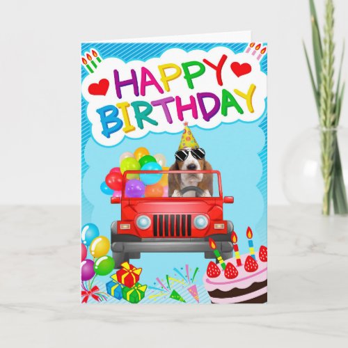 Basset Hound Dog Driving with Balloon Card