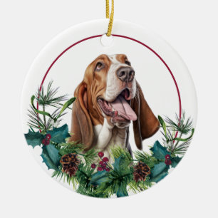 Basset Hound Dog Evergreen Wreath Ceramic Ornament