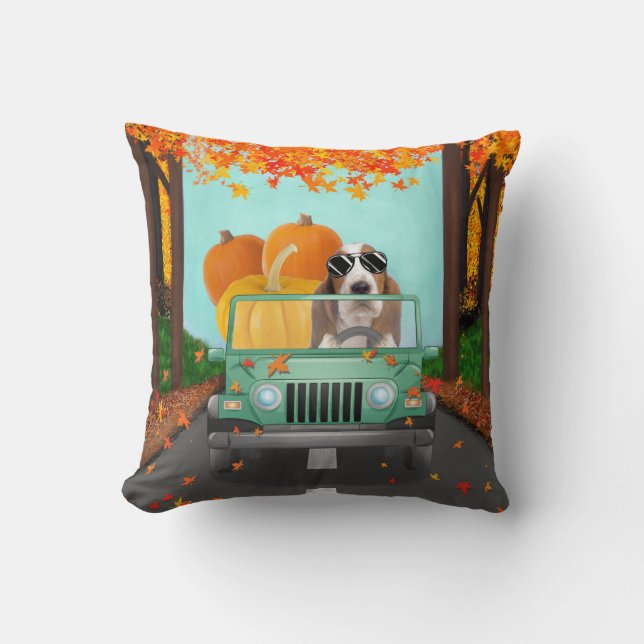 Basset Hound Dog Fall Pumpkin Throw Pillow (Front)