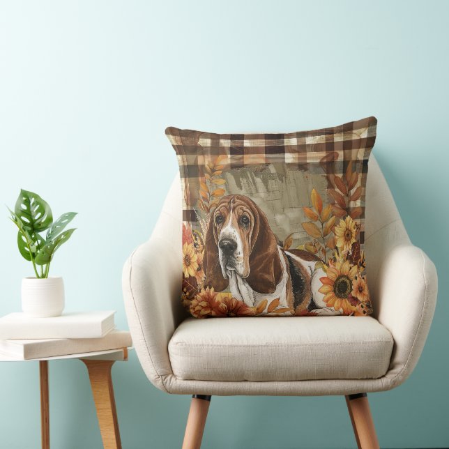 Basset Hound Dog Fall Watercolor Flowers Throw Pillow (Chair)